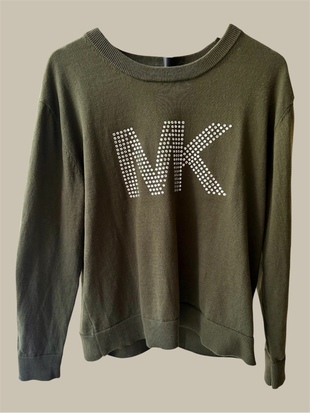 Michael Kors Woman’s Embellished Logo Olive Green Sweater. Size M.